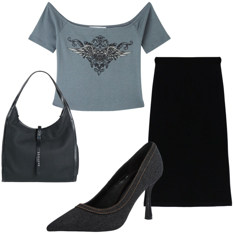 Outfit donna - Total look #1805777. Stile Trendy per Tutti i giorni. Abbinamento con borse a mano, t-shirt, décolleté, gonne longuette.