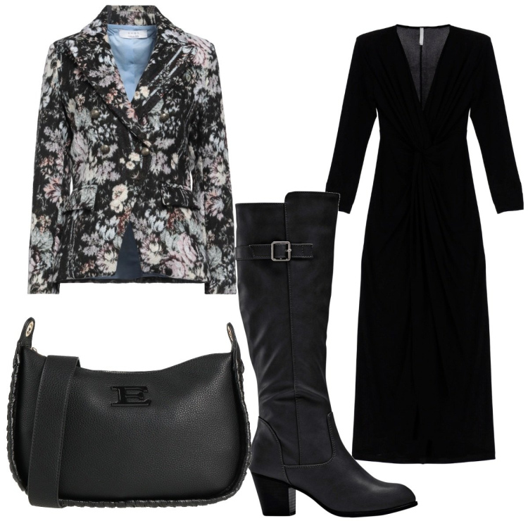 Outfit donna - Total look #1805784. Stile Trendy per Tutti i giorni. Abbinamento con stivali, blazer, borse a tracolla, vestiti lunghi.