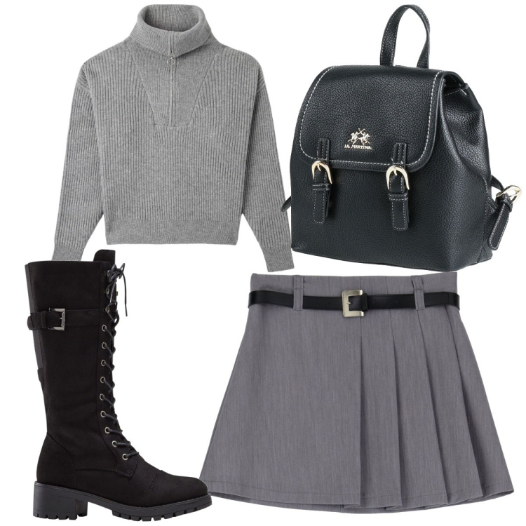 Outfit donna - Total look #1805803. Stile Preppy per Scuola/Università. Abbinamento con stivali, zaini, maglieria, minigonne.