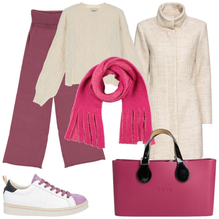 Outfit donna - Shopping con le amiche. Stile Casual chic per Tutti i giorni. Abbinamento con cappotti, sneakers, borse a mano, sciarpe, pullovers, pantaloni a palazzo.