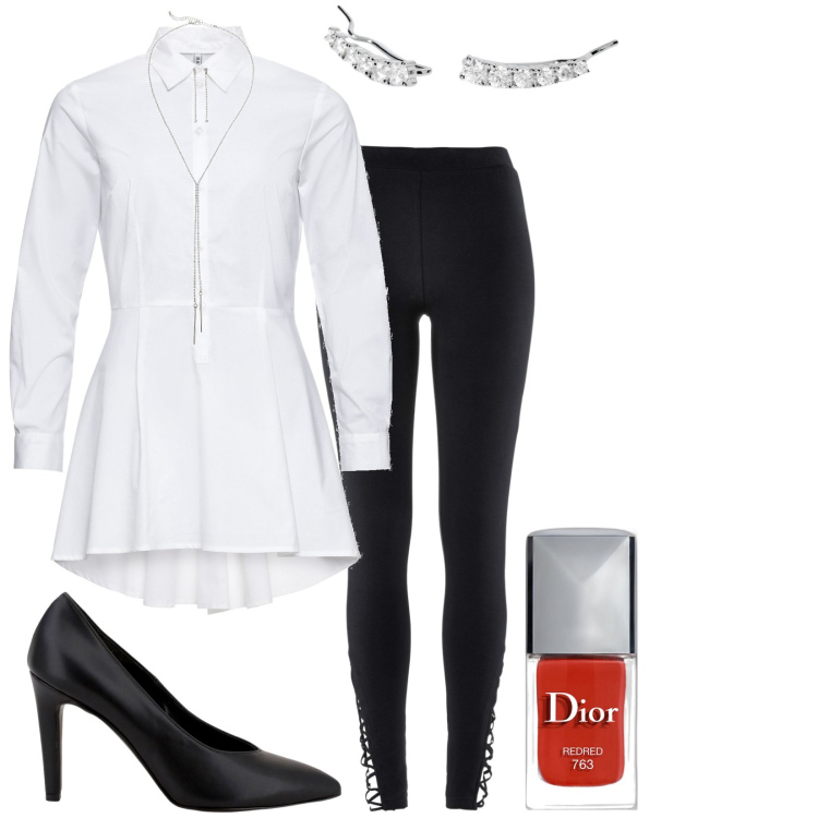Outfit donna - Total look #1805820. Stile Casual per Tutti i giorni. Abbinamento con camicie, leggings, collane, smalti, orecchini, décolleté.
