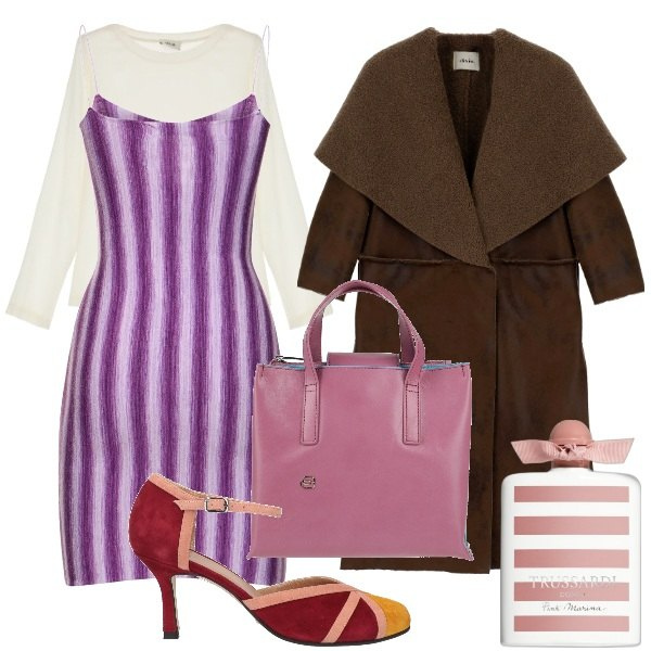 Outfit donna - Un po\' di colore. Stile Trendy per Ufficio. Abbinamento con profumi, borse a mano, décolleté, camicie, cappotti, vestiti.