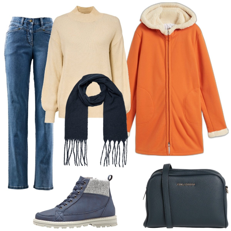 Outfit donna - Tocco di arancio. Stile Casual per Tutti i giorni. Abbinamento con stivaletti, felpe, jeans dritti, maglieria, borse a tracolla, sciarpe.