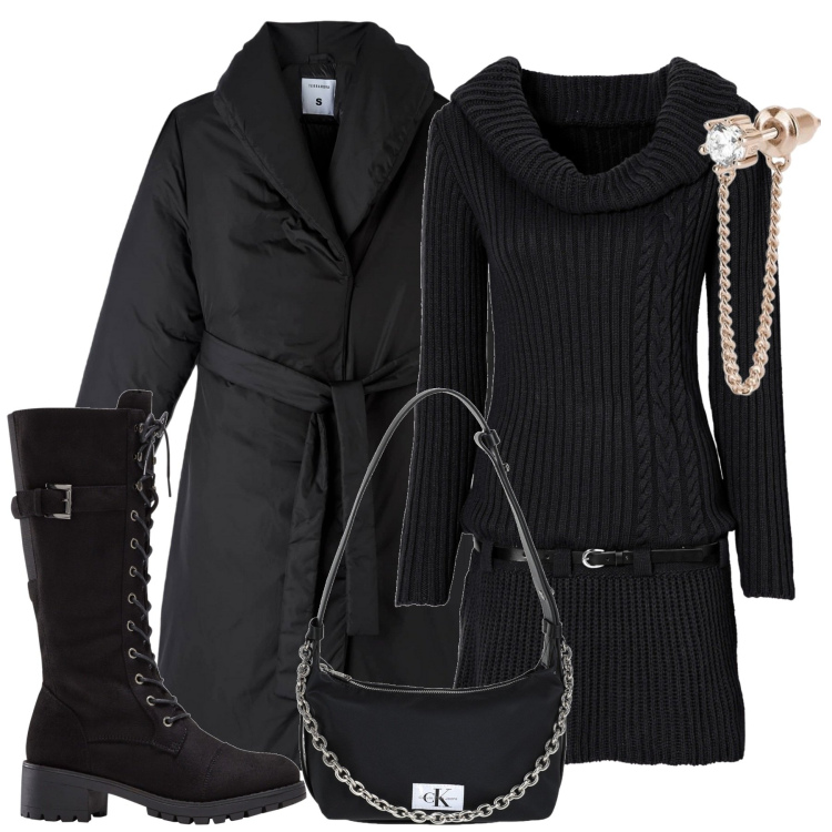 Outfit donna - Il cappotto imbottito. Stile Casual chic per Tutti i giorni. Abbinamento con stivali, vestiti, borse a tracolla, piumini, orecchini.