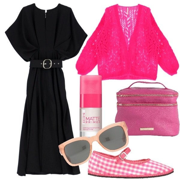 Outfit donna - In viaggio. Stile Basic per Tutti i giorni. Abbinamento con occhiali da sole, ballerine, valigie, primer, cardigans, vestiti midi/longuette.
