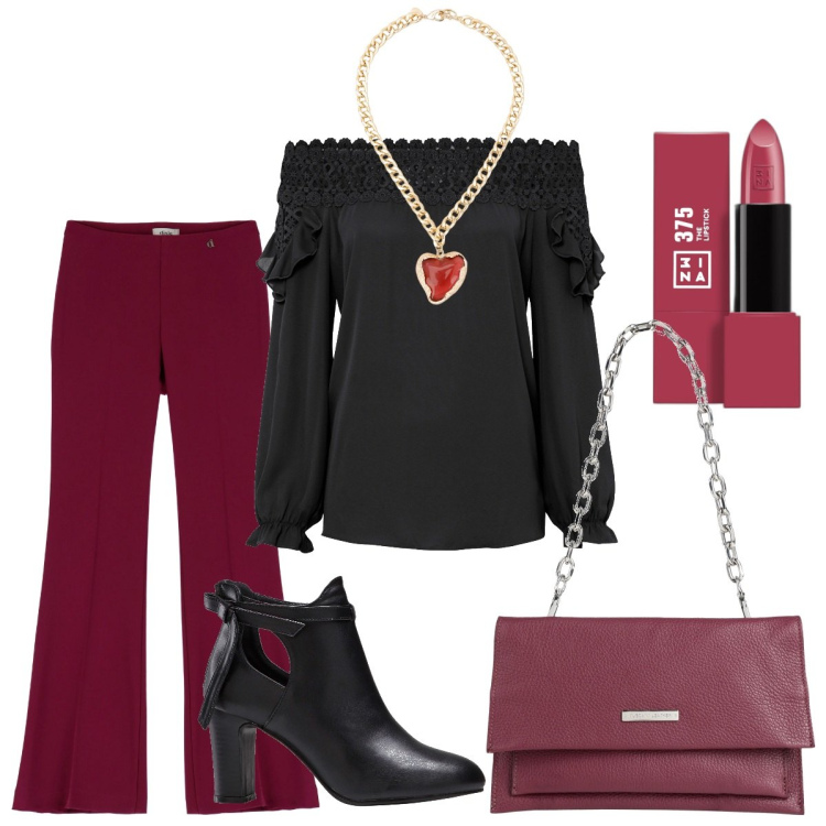 Outfit donna - I pantaloni color amarena. Stile 70s per Tutti i giorni. Abbinamento con stivaletti, camicie, borse a mano, rossetti, pantaloni, collane.