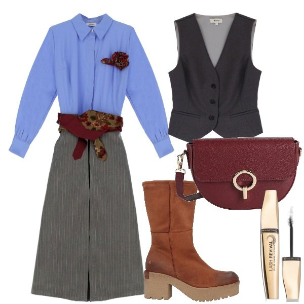 Outfit donna - In campagna. Stile Casual chic per Tutti i giorni. Abbinamento con borse a tracolla, stivaletti, mascara, vestiti midi/longuette, gilet.