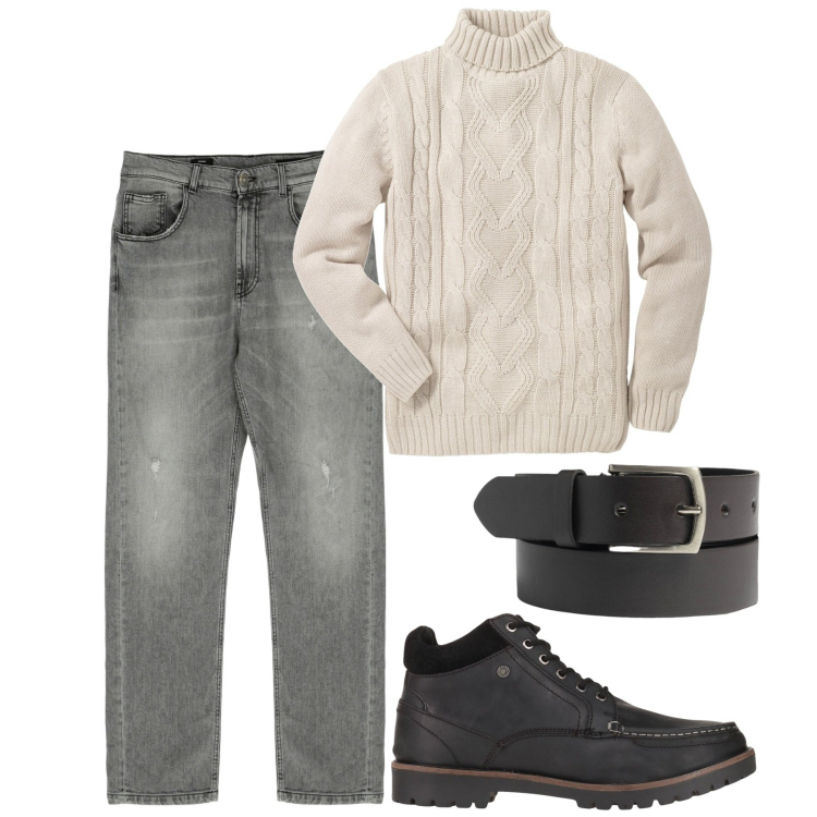 Outfit uomo - City. Stile Casual per Tutti i giorni. Abbinamento con maglieria, stivali e stivaletti, jeans dritti, cinture.