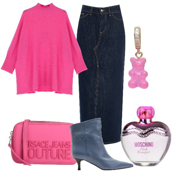 Outfit donna - Total look #1805905. Stile Trendy per Ufficio. Abbinamento con ciondoli, borse a tracolla, stivaletti, maglieria, profumi, gonne longuette.