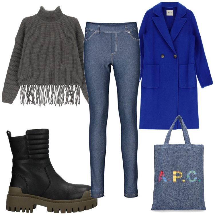 Outfit donna - Total look #1805932. Stile Trendy per Tutti i giorni. Abbinamento con jeggings, stivaletti, maglieria, cappotti, shopping bag.