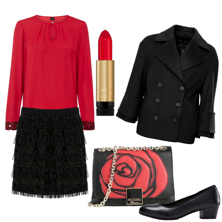 Outfit donna - Rosso e nero, serata speciale. Stile Sexy per Serata fuori. Abbinamento con décolleté, bluse, borse a tracolla, rossetti, cappotti, gonne.