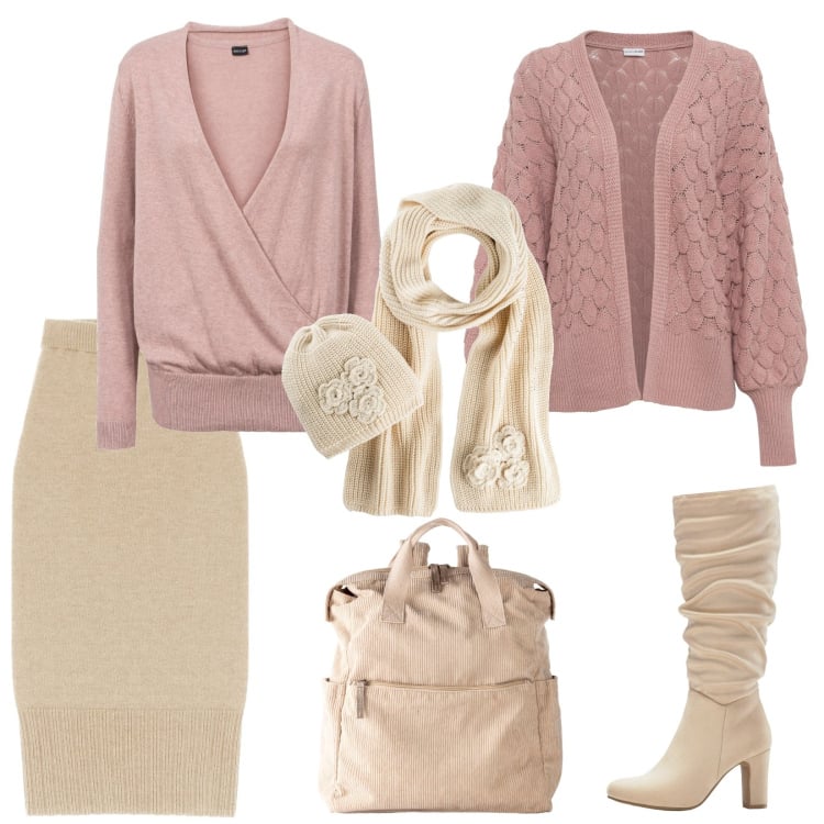 Outfit donna - Calda lana, per il giorno. Stile Romantica per Ufficio. Abbinamento con cardigans, maglieria, stivali sopra il ginocchio, zaini, sciarpe, gonne longuette.