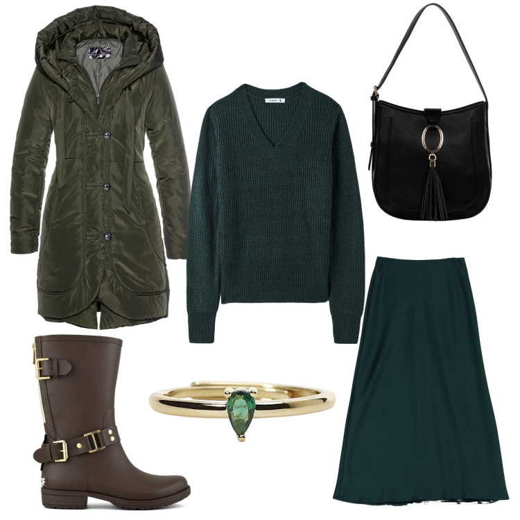 Outfit donna - La sobrietà del forest night. Stile Casual chic per Ufficio. Abbinamento con blazer, maglieria, anelli, borse a spalla, gonne longuette, stivali.