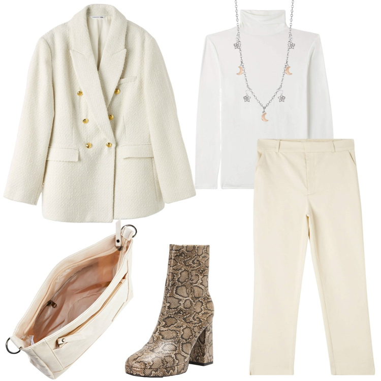 Outfit donna - In ufficio con stile. Stile Chic per Ufficio. Abbinamento con borse a tracolla, pantaloni chino, t-shirt, blazer, stivaletti, collane.