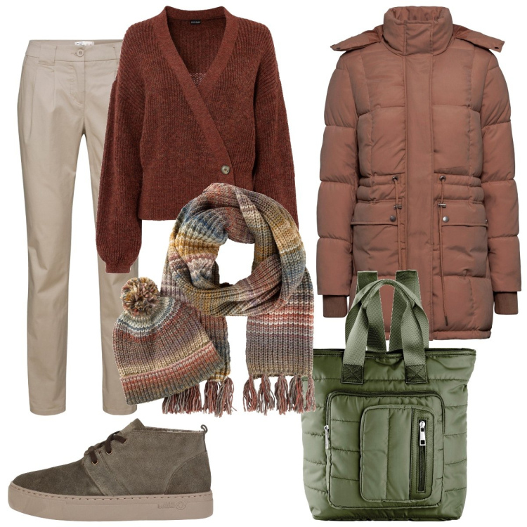 Outfit donna - Due passi nel freddo. Stile Casual per Tutti i giorni. Abbinamento con pantaloni chino, zaini, piumini, maglieria, sciarpe, stivaletti.