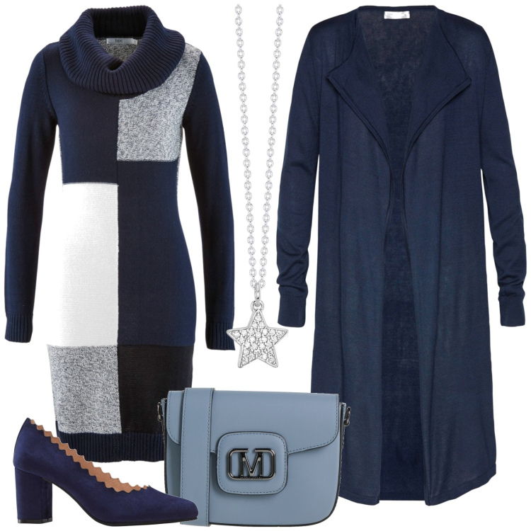 Outfit donna - In ufficio in blu. Stile Basic per Tutti i giorni. Abbinamento con vestiti midi/longuette, cardigans, décolleté, borse a tracolla, collane.