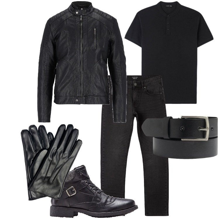 Outfit uomo - Total look #1806006. Stile Biker Rock per Tutti i giorni. Abbinamento con stivali e stivaletti, cappotti, t-shirt, jeans dritti, cinture, guanti.