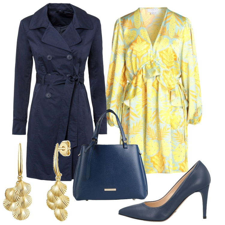 Outfit donna - L\'abito giallo in fantasia. Stile Glamour per Serata fuori. Abbinamento con trench, vestiti corti, décolleté, borse a mano, orecchini.