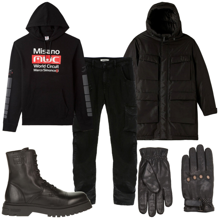 Outfit uomo - Non dimenticare i guanti. Stile Trendy per Tutti i giorni. Abbinamento con anfibi, guanti, felpe con cappuccio, parka, pantaloni.