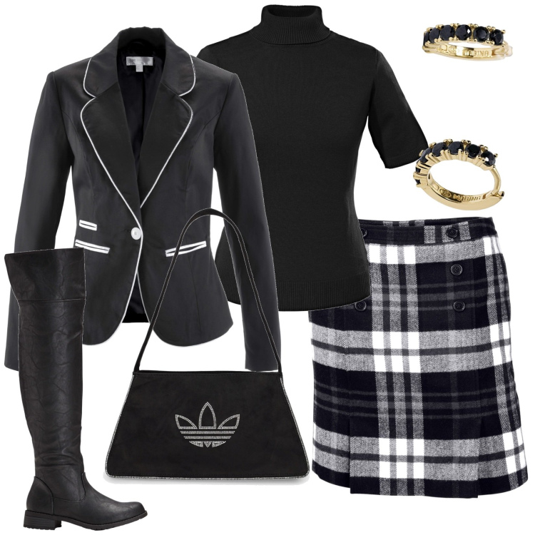 Outfit donna - Casual. Stile Casual per Tutti i giorni. Abbinamento con maglieria, blazer, minigonne, stivali sopra il ginocchio, orecchini, borse a spalla.