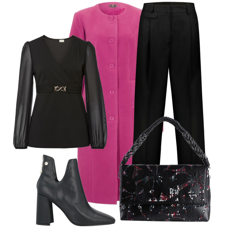 Outfit donna - Serata. Stile Chic per Serata fuori. Abbinamento con maglieria, cappotti, borse a mano, stivaletti, pantaloni.
