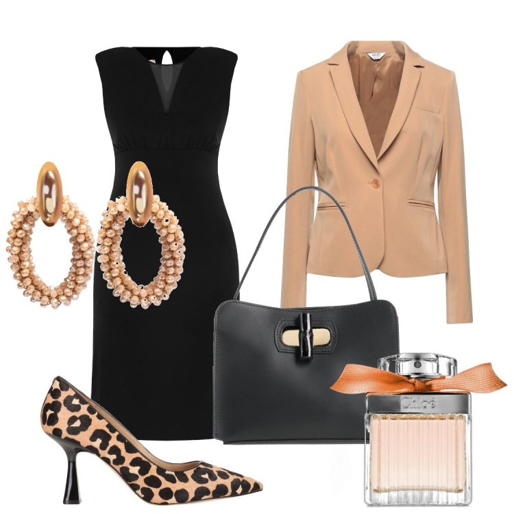 Outfit donna - Armoniosa con grinta. Stile Glamour per Serata fuori. Abbinamento con orecchini, blazer, décolleté, borse a mano, profumi, vestiti midi/longuette.