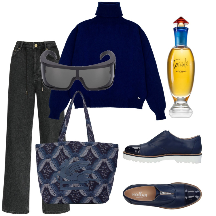 Outfit donna - Casual. Stile Casual per Tutti i giorni. Abbinamento con mocassini, profumi, maglieria, shopping bag, occhiali da sole, jeans.