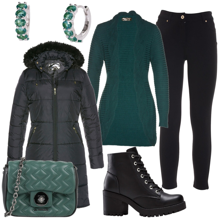 Outfit donna - Abbinamento verde scuro e nero. Stile Casual per Tutti i giorni. Abbinamento con stivaletti, cappotti, cardigans, borse a tracolla, orecchini, jeans.