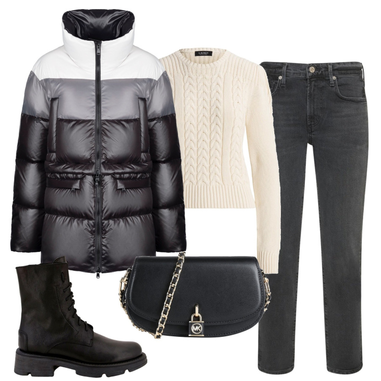 Outfit donna - Al caldo. Stile Casual chic per Tutti i giorni. Abbinamento con pullovers, borse a tracolla, piumini, anfibi, jeans slim fit.