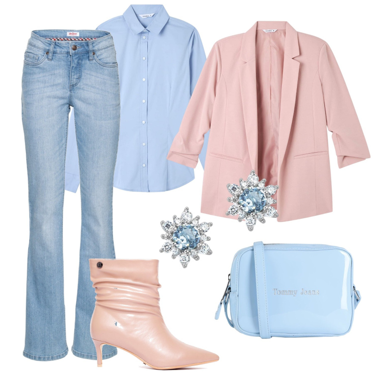 Outfit donna - Jeans in ufficio. Stile Casual chic per Ufficio. Abbinamento con jeans bootcut, borse a tracolla, blazer, camicie, orecchini, stivaletti.