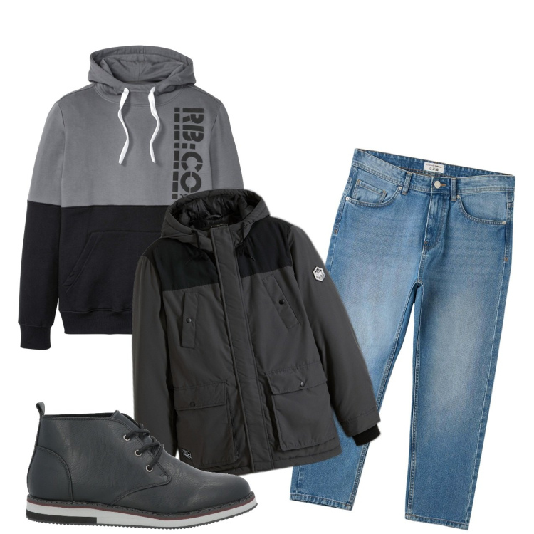 Outfit uomo - Freddo nero. Stile Casual per Tutti i giorni. Abbinamento con felpe con cappuccio, piumini, stivali e stivaletti, jeans.
