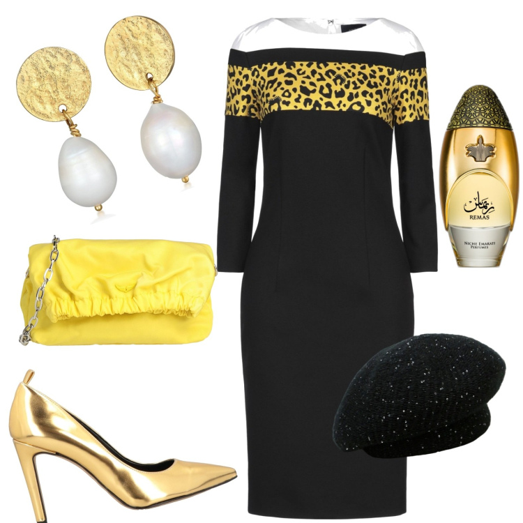 Outfit donna - Chic. Stile Chic per Tutti i giorni. Abbinamento con vestiti midi/longuette, décolleté, orecchini, borse a tracolla, profumi, cappelli e berretti.