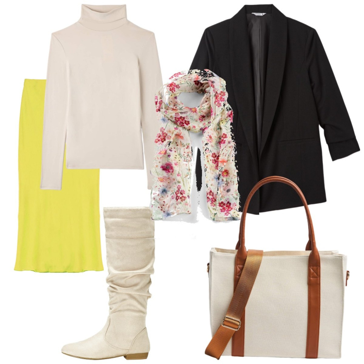 Outfit donna - Fine inverno. Stile Romantica per Tutti i giorni. Abbinamento con foulard, stivali, t-shirt, blazer, shopping bag, gonne longuette.