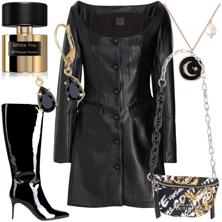 Outfit donna - Abito mini in ecopelle. Stile Casual chic per Tutti i giorni. Abbinamento con vestiti corti, borse a spalla, stivali sopra il ginocchio, orecchini, collane, profumi.