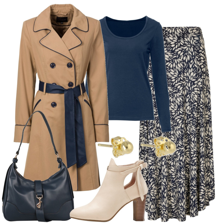 Outfit donna - City. Stile Romantica per Tutti i giorni. Abbinamento con trench, t-shirt sportive, stivaletti, gonne, borse a spalla, orecchini.