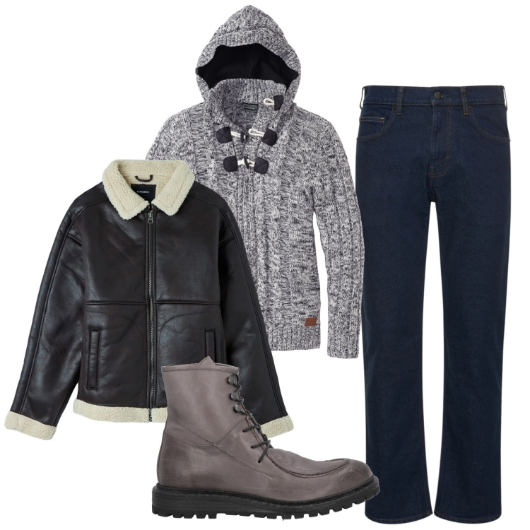 Outfit uomo - Inverno. Stile Casual per Tutti i giorni. Abbinamento con maglieria, stivali e stivaletti, piumini, jeans dritti.