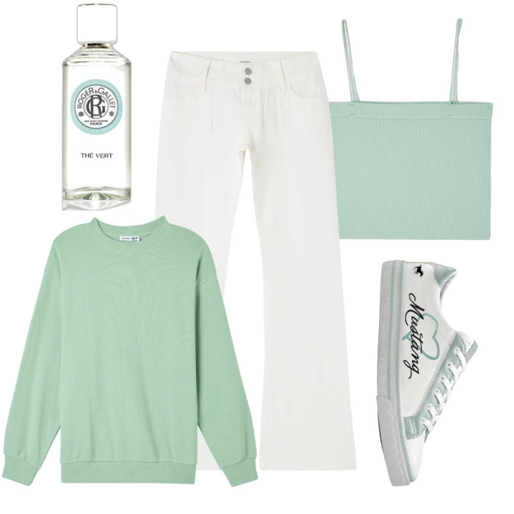 Outfit donna - Latte & menta. Stile Basic per Scuola/Università. Abbinamento con sneakers, profumi, canottiere, felpe, pantaloni.