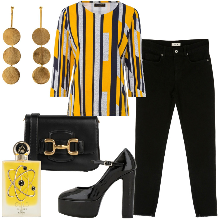 Outfit donna - Total look #1806289. Stile Casual per Tutti i giorni. Abbinamento con maglieria, profumi, borse a tracolla, décolleté, pantaloni, orecchini.