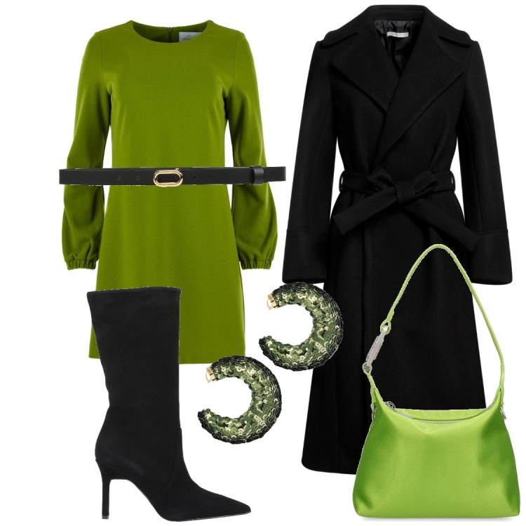 Outfit donna - L\'abito verde brillante. Stile Glamour per Serata fuori. Abbinamento con stivali, cinture, cappotti, vestiti midi/longuette, borse a mano, orecchini.