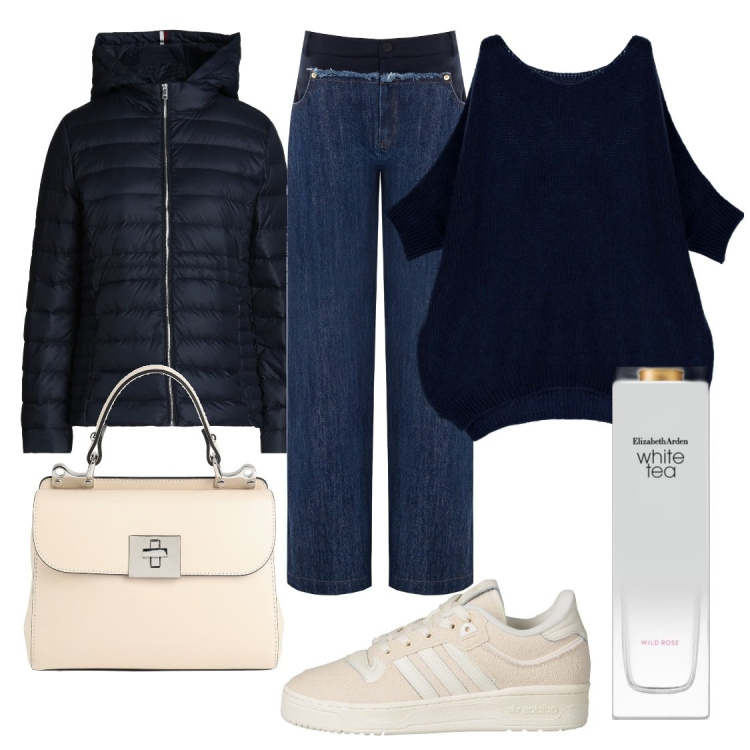 Outfit donna - La domenica dai nonni. Stile Casual per Tutti i giorni. Abbinamento con piumini, borse a mano, sneakers, profumi, jeans, pullovers.