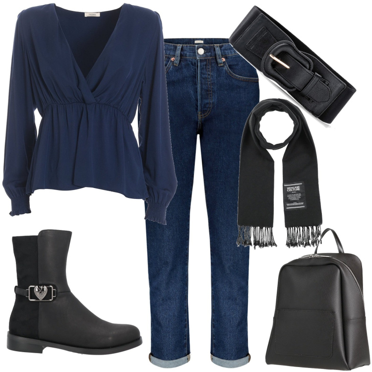 Outfit donna - Casual Friday in ufficio. Stile Casual per Ufficio. Abbinamento con cinture, sciarpe, zaini, stivaletti, bluse, jeans.