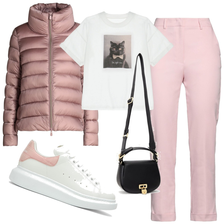 Outfit donna - 3 rosa. Stile Casual chic per Tutti i giorni. Abbinamento con pantaloni, piumini, t-shirt, borse a tracolla, sneakers.