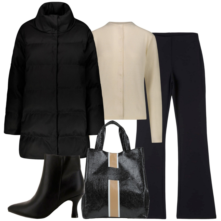 Outfit donna - In ufficio. Stile Casual chic per Tutti i giorni. Abbinamento con borse a mano, pantaloni, stivaletti, cardigans, cappotti.
