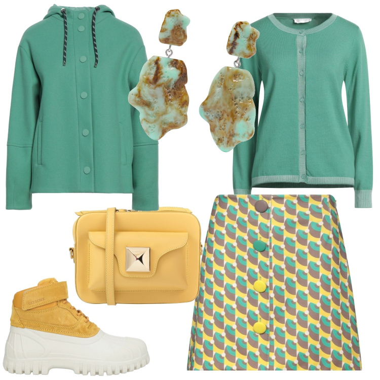 Outfit donna - In mini. Stile Casual per Tutti i giorni. Abbinamento con minigonne, cardigans, cappotti, orecchini, borse a tracolla, stivaletti.