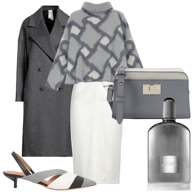 Outfit donna - Grey black&white. Stile Chic per Ufficio. Abbinamento con gonne longuette, cappotti, décolleté, borse a tracolla, profumi, maglieria.