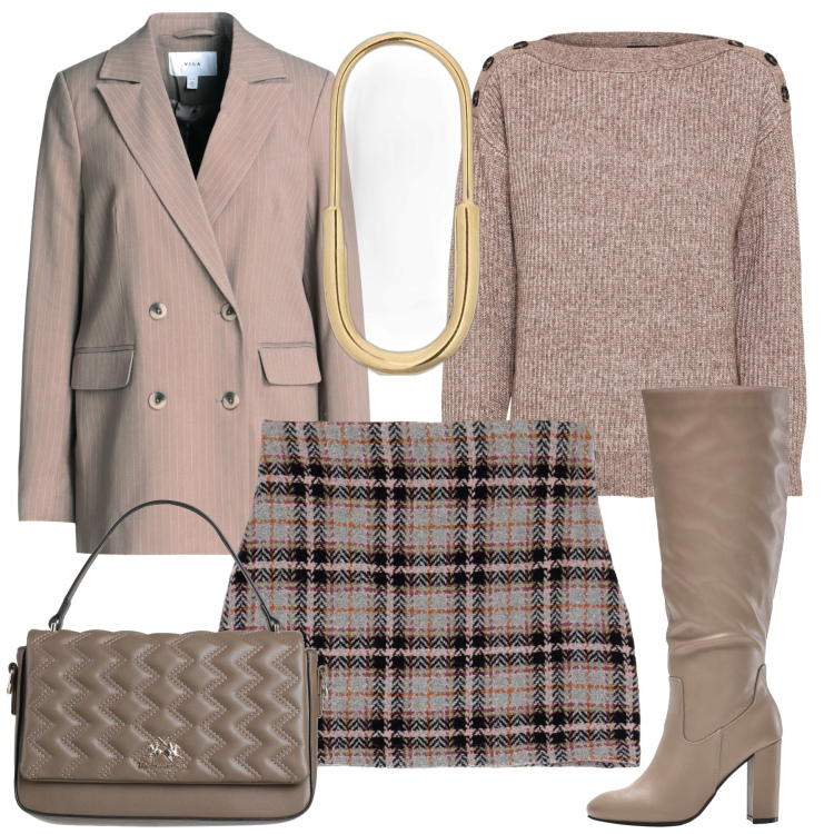 Outfit donna - La mini con gli stivali. Stile Trendy per Tutti i giorni. Abbinamento con blazer, borse a mano, maglieria, stivali sopra il ginocchio, minigonne, orecchini.