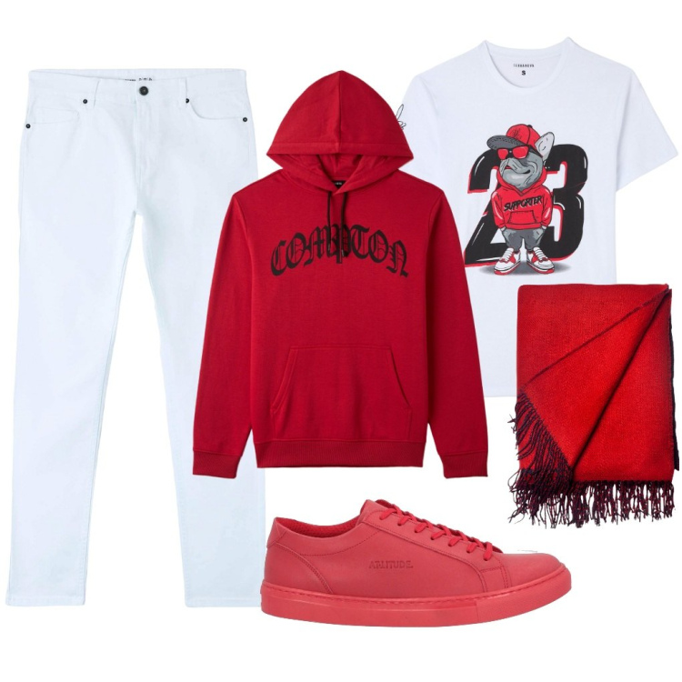 Outfit uomo - Bianco, rosso e.... Stile Urban per Tutti i giorni. Abbinamento con sneakers, pantaloni skinny, felpe con cappuccio, t-shirt, sciarpe.