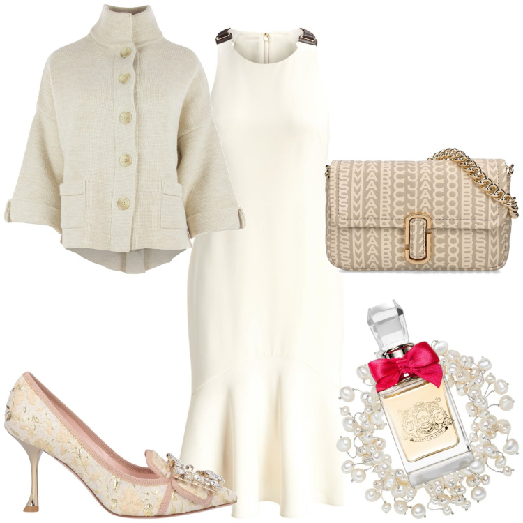 Outfit donna - Un\'occasione speciale. Stile Chic per Tutti i giorni. Abbinamento con décolleté, vestiti midi/longuette, braccialetti, profumi, borse a spalla, blazer.