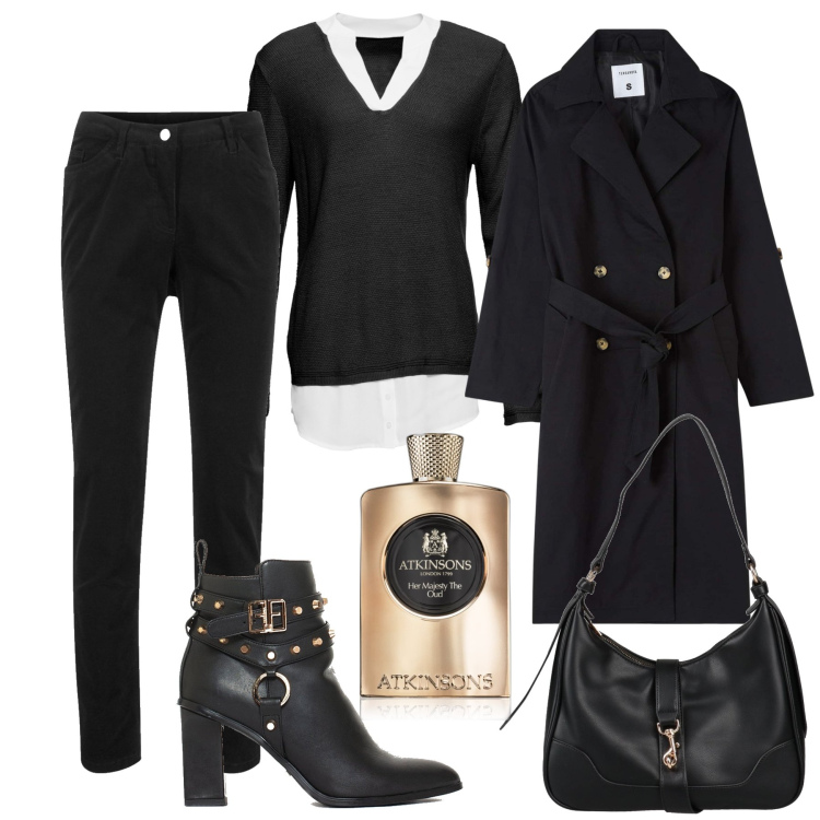 Outfit donna - Nero accattivante. Stile Trendy per Tutti i giorni. Abbinamento con pantaloni, maglieria, borse a spalla, profumi, trench, stivaletti.