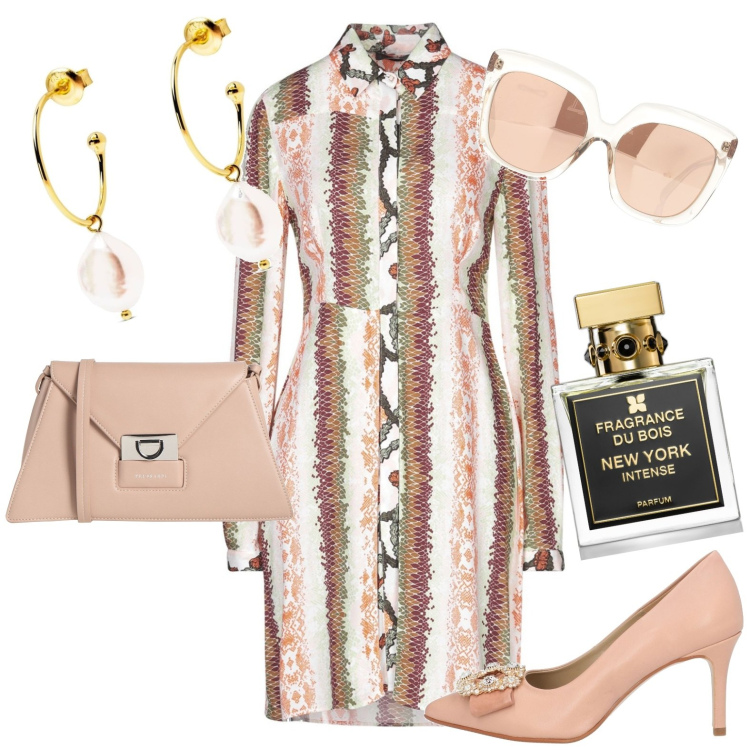 Outfit donna - Chemisier. Stile Casual per Tutti i giorni. Abbinamento con vestiti corti, occhiali da sole, orecchini, décolleté, borse a tracolla, profumi.